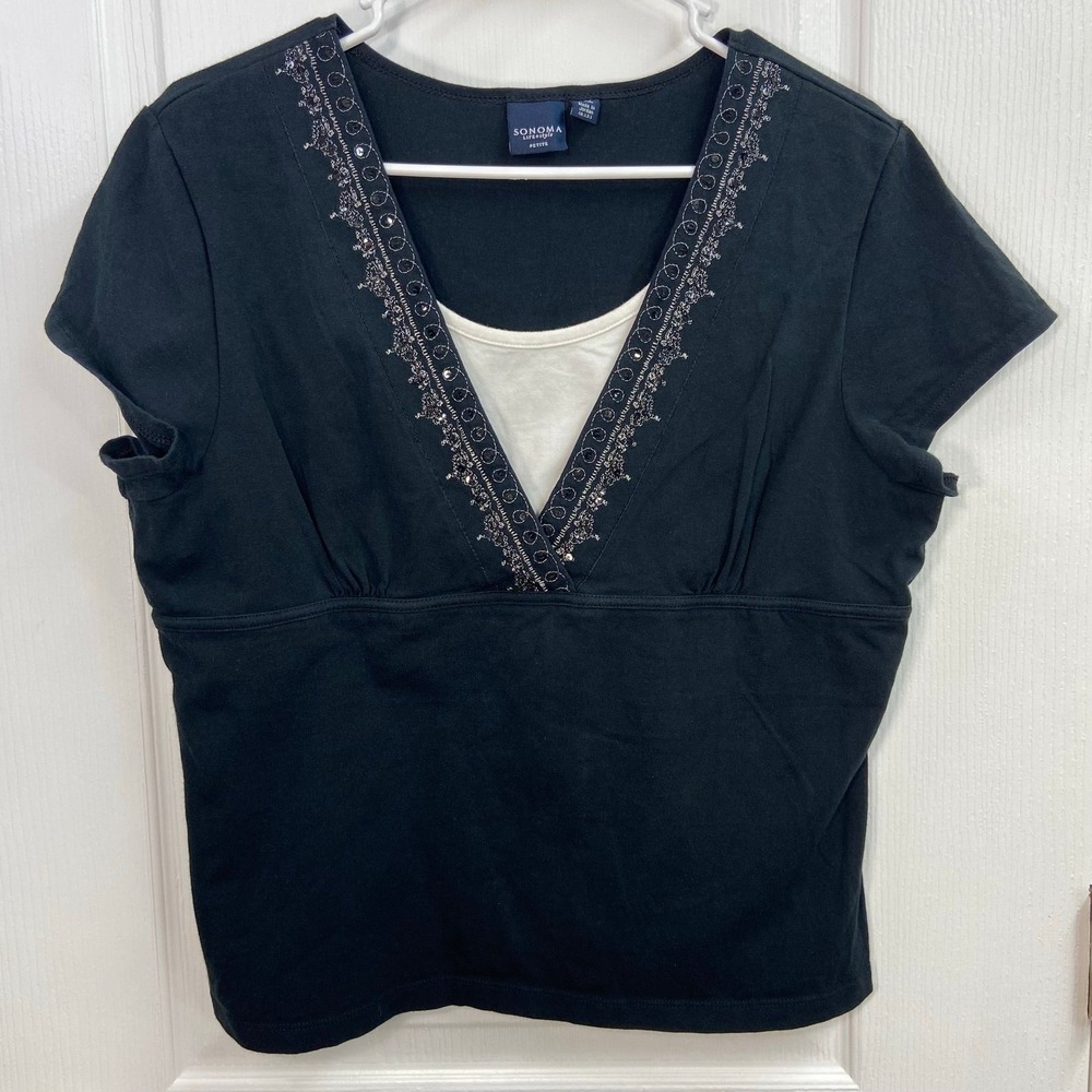 Sonoma black layered v-neck‎ sequins embroidered cotton stretch y2k shirt XLP